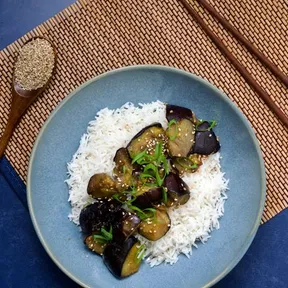 Photo of a plate of eggplant-miso stir fry and rice