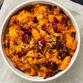 Photo of a bowl of coarse roasted pumpkinpuree from Ottolenghi's Flavour