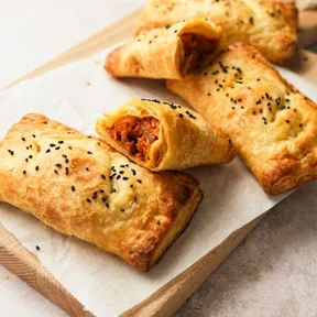 Photo of vegan sweet potato and caramelized onion in puff pastry on a board