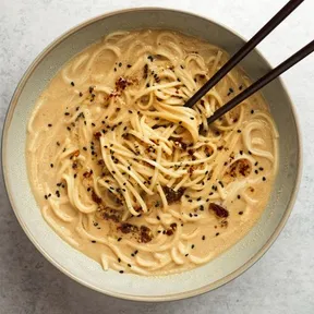 Photo of a bowl of white-miso ramen. With nice flavor from dried shiitake. 